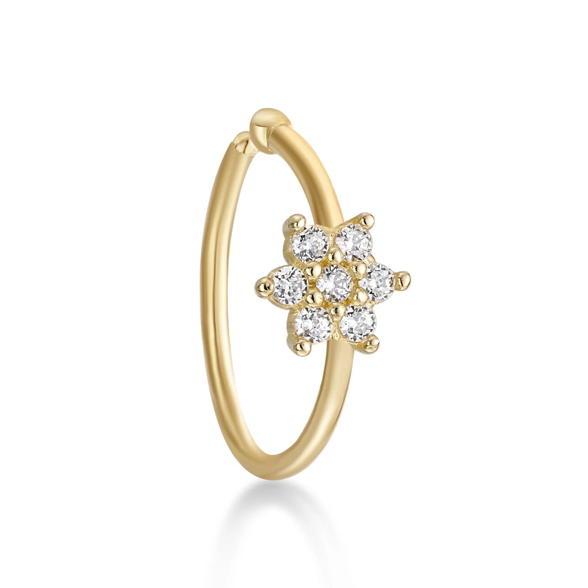 22 Gauge Cubic Zirconia Flower Hoop Nose Ring for Women in 14K Yellow Gold 4mm